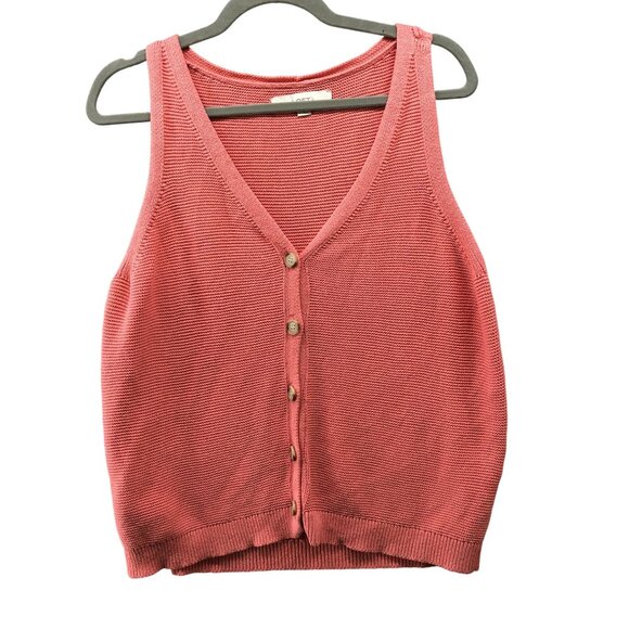 Loft Sweater Vest Cardigan Womens L Pink V-Neck Button Front Cotton Sleeveless - Picture 1 of 8